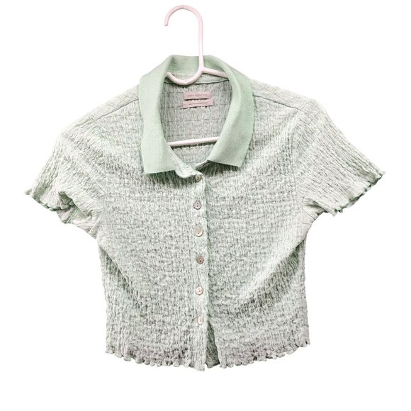 Urban Outfitters Crinkle Cropped Shirt Womens S Green Collared Short Sleeve - Picture 1 of 10